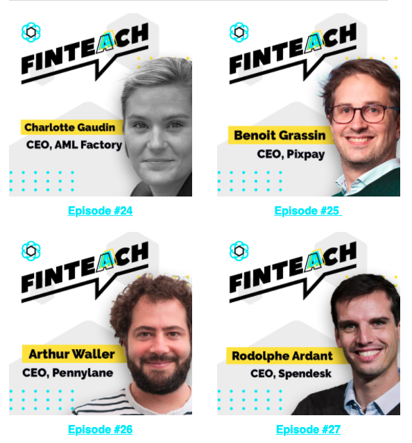 FinTeach - Le podcast de France FinTech 🎧
Pour celles et ceux qui ont tout coupé cet été : 4 podcasts à écouter ☀️ 
Episode 24 ▶️ bit.ly/3eG83Pw
Episode 25 ▶️ bit.ly/3B73uqt
Episode 26 ▶️ bit.ly/3Blg6dC
Episode 27 ▶️ bit.ly/3DG86pB