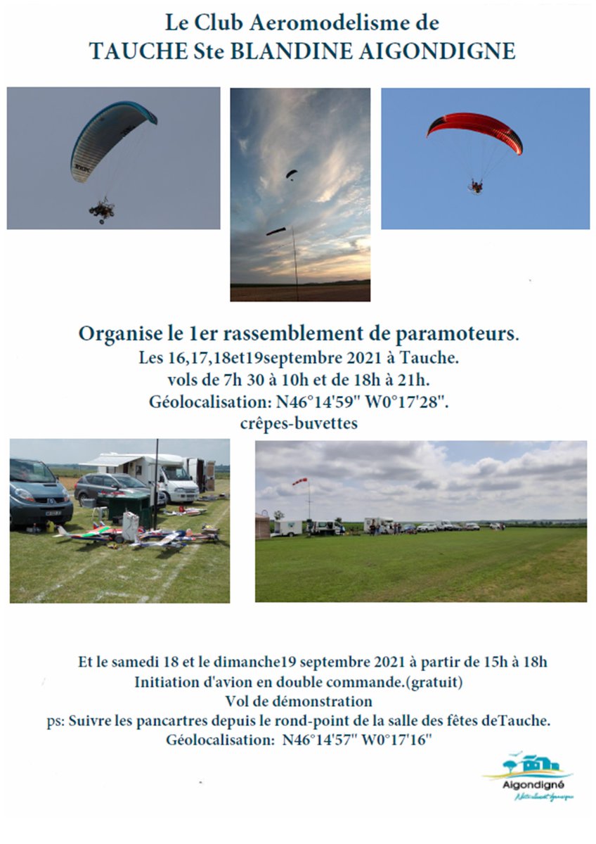 MeliMellois's tweet photo. Rassemblement de paramoteurs à #Aigondigne les 16, 17, 18 et 19 septembre
@Aigondigne79 #PaysMellois
👉https://t.co/fb4Wjarkhg https://t.co/1mzfGNxZcQ