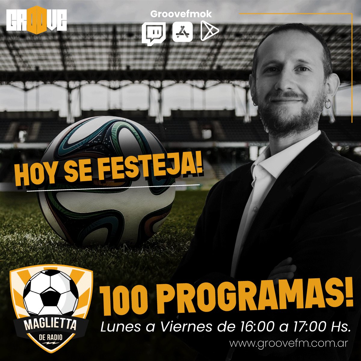 GroovefmOk's tweet photo. ⚽ HOY @magliettaradio CUMPLE 100 PROGRAMAS! ⚽
🎙️ @SantiaGonelli nos trae la mejor información referida al deporte y viene a descoserla en este programa número 100⚽
NO TE LO PIERDAS! HOY DE 16 A 17 Hs!
#Futbol #GrooveFM #Programacion2021 #EnVivo #100programas #Twitch https://t.co/V5kEUu8NHg