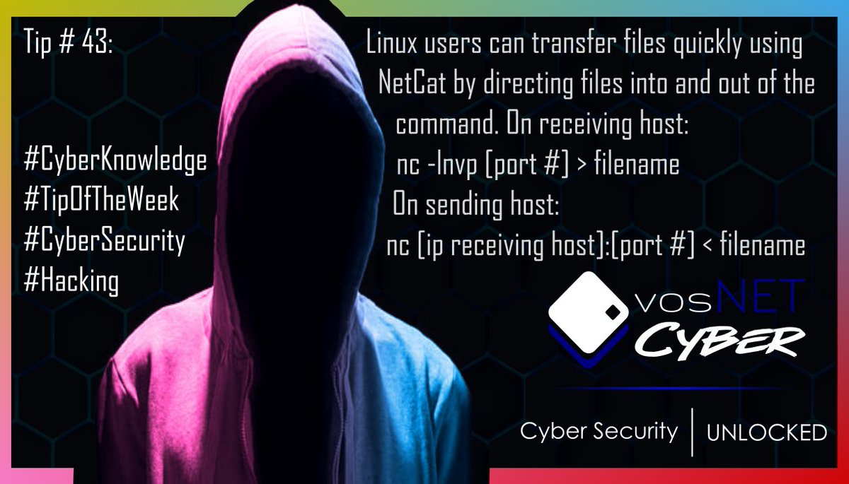 vosNETCyber's tweet photo. Linux users can transfer files quickly using NetCat by directing files into and out of the command. 
On receiving host: 
nc -lnvp [port #] > filename
On sending host:
nc [ip receiving host]:[port #] < filename
#CyberKnowledge #TipOfTheWeek #CyberSecurity #Hacking https://t.co/F42Ya5mgkL