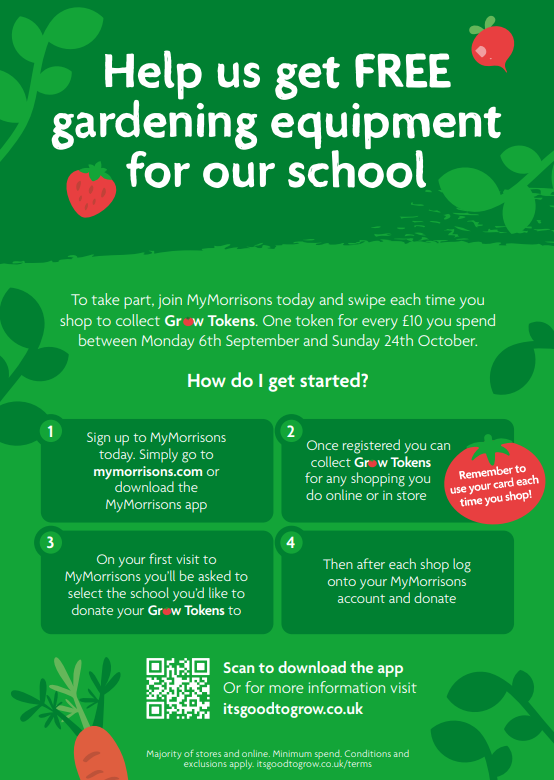 GrenoPrimary's tweet photo. This term we are collecting Grow Tokens through the @Morrisons It's Good to Grow scheme 👩‍🌾 We are aiming to get some fantastic outdoor equipment for growing our own produce 🌱 
Check in via the MyMorrisons app after you shop and donate your tokens to our school 🙂 https://t.co/BASZv2RMa7