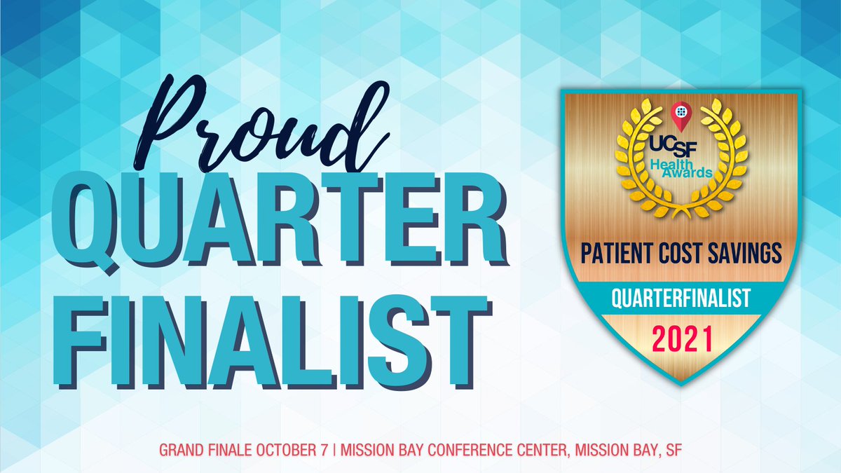 Our success improving patient outcomes (and the resulting cost savings) has been recognized by the #UCSFHealthAwards2021 . Thank you #UCSFHealthHub for choosing us, and congrats to our fellow quarterfinalists!