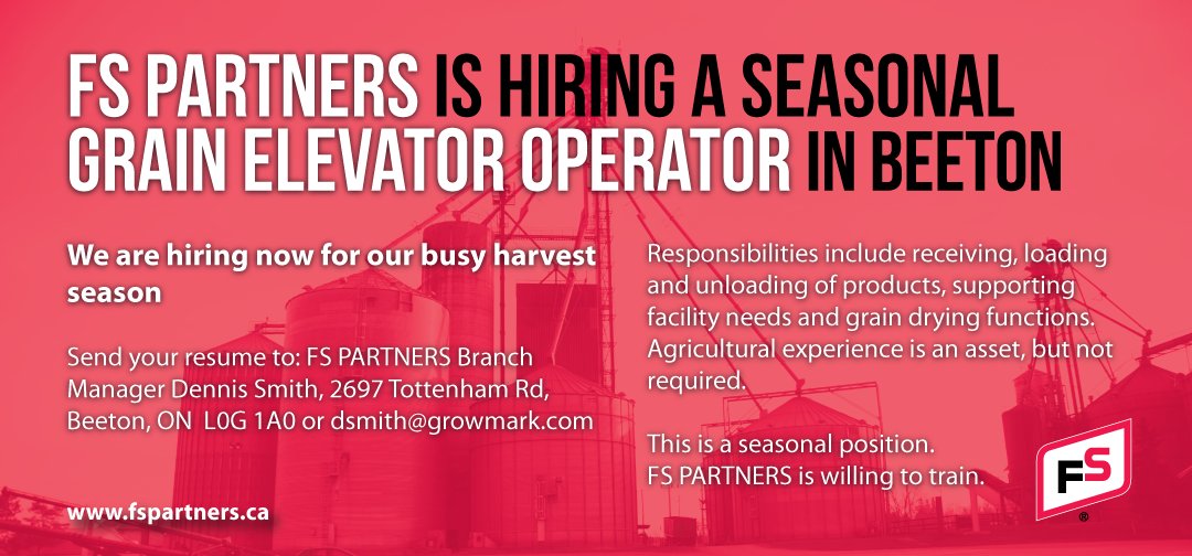 Central_ON_FS's tweet photo. FS PARTNERS Beeton and Grand Valley branches are hiring seasonal grain elevator operators for the busy harvest season. Experience is preferred, but we are willing to train. #ontag #agcareers #grainelevator #Beeton #GrandValley #FSJobs https://t.co/FXUwpt97JC