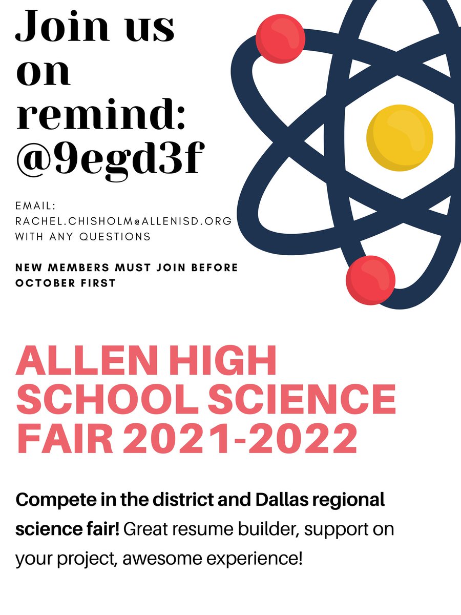 ScienceClubAHS's tweet photo. The Allen High School Science Fair is kicking off this Thursday at 4:15pm! Join us for more information, registration, and all of your questions answered in F215 @AHSScience https://t.co/jT10445vwf