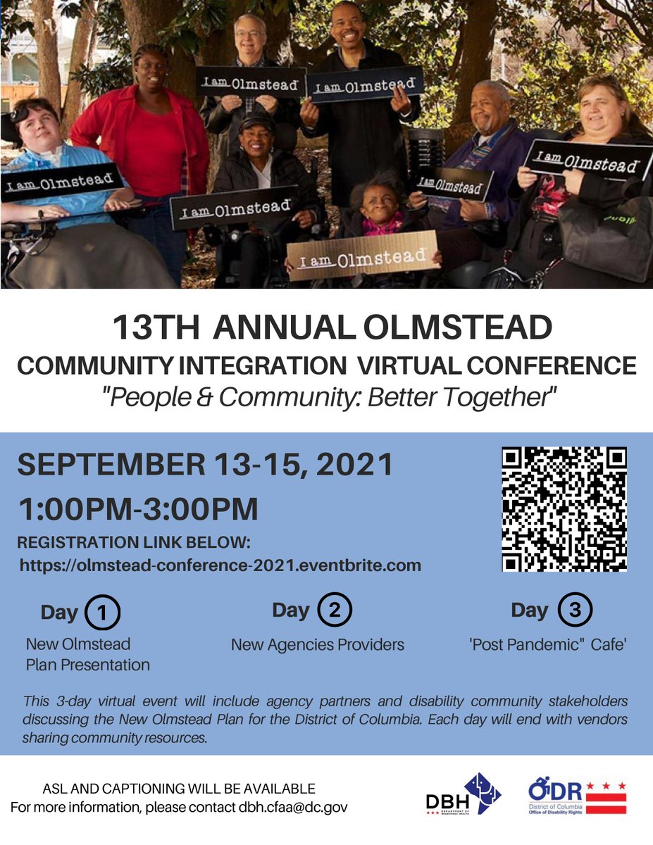 DBHRecoversDC's tweet photo. Today starts the 13th annual Olmstead Community Integration Conference hosted by DBH & @ODRDC.
Learn about DCβs New Olmstead Plan & how we advance disability rights through community integration.
Dr. Bazron will provide opening remarks. Register:
https://t.co/bDklX7imNz https://t.co/ZhaYpyPWLE