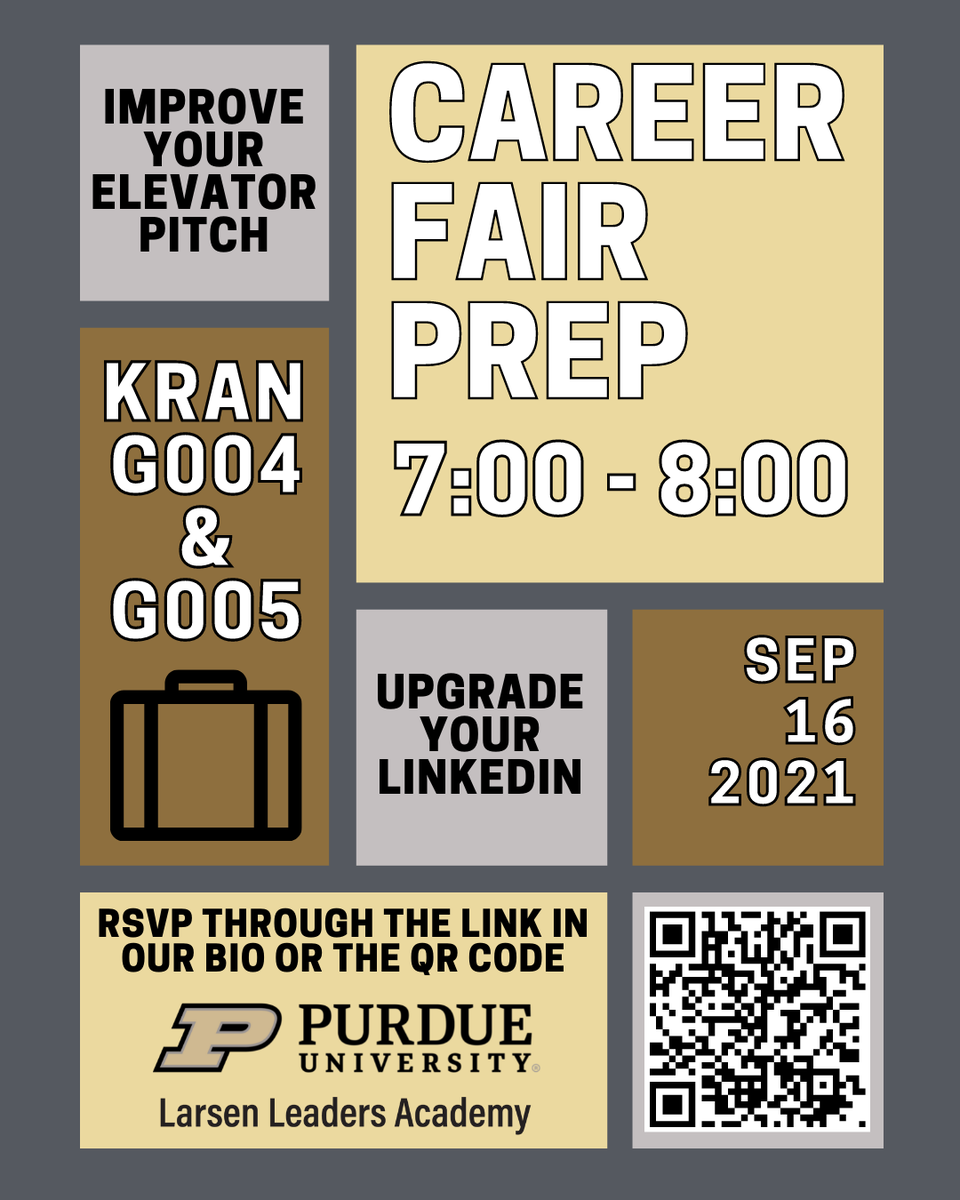 The Larsen Leaders Academy is hosting a career fair prep event! If you want to learn how to better your elevator piches or your LinkedIn for the upcoming career fair, join us this Thursday at 7 in KRAN G004 and G005!
#larsenleadersacademy #purdue #purdueuniversity #krannert #LLA
