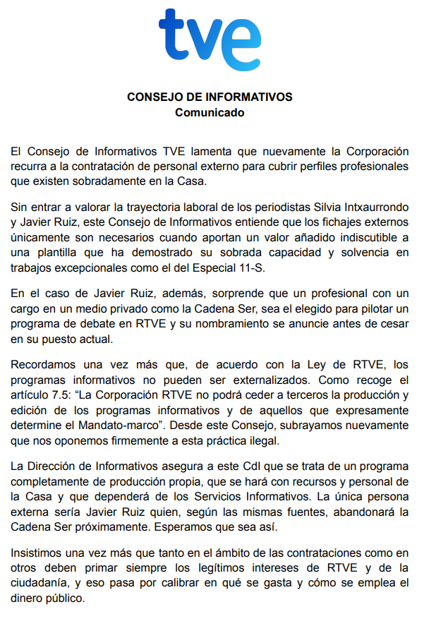 Doble comunicado. Nos pronunciamos sobre la contratación de los periodistas Javier Ruiz y Silvia Intxaurrondo y sobre la cobertura especial realizada por los 20 años del 11-S.