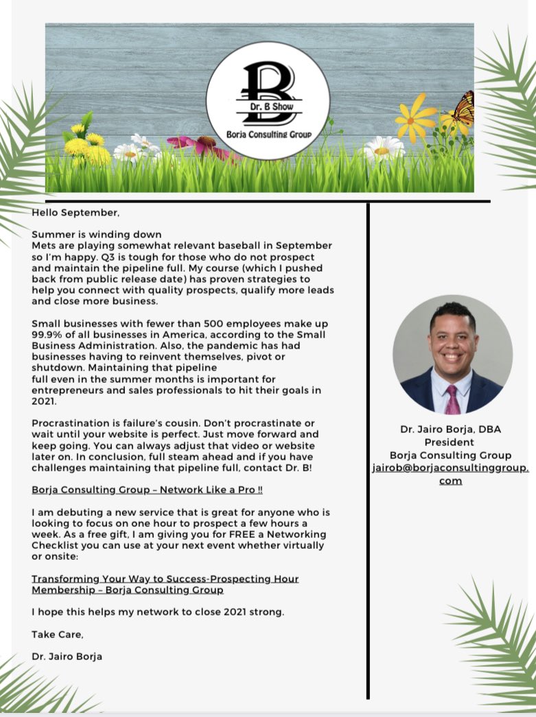 borjaconsulting's tweet photo. Hello hello!! After some time away. #imback #septembernewsletter is finally here!! Check it out here:
https://t.co/fbSGt0DpXm
#entrepreneurship #drbshow #podcast #networking #leadgeneration #prospecting #artofnetworkingframeworkonlinecourse
#networkingtips https://t.co/JaViNmLqQF