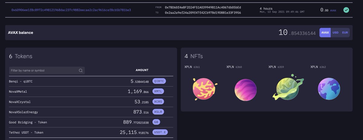 Uh, oh.. NFTs have arrived right into each address’s page!

Now you can show off all your <a href="/AvaxApesNFT/">AVAX APES🔺</a> , @novax_game and many others with the community! 

Simple, neat and ready for a NFT-full future.

#Avalanche #AVAX