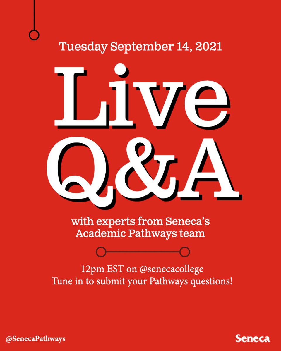 SenecaPathways's tweet image. Do you want to learn more about #AcademicPathways? 

Our team is going LIVE on Instagram @senecacollege tomorrow (September 14) to talk about our services and how we can help you! 📺

Tune in to ask your pathways questions here: instagram.com/senecacollege/

#SenecaPathways