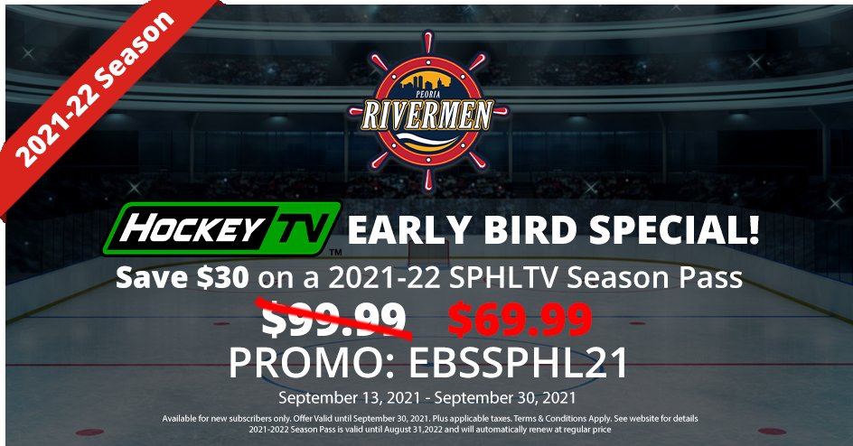 Peoria_Rivermen's tweet image. Watch all Rivermen games exclusively on HockeyTV! Save with our Early Bird Special, follow the link below and use Promo Code: EBSSPHL21 to get special pricing until September 30! buff.ly/32zdc77