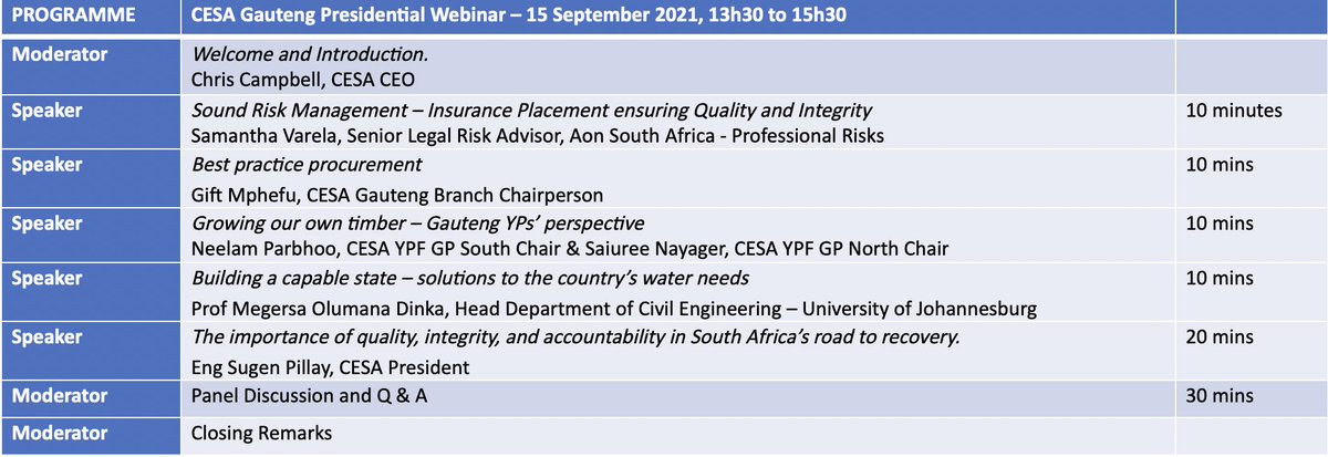 The_CESA's tweet photo. The CESA Gauteng Presidential Webinar is taking place this Wednesday, 15 September at 13h30. The programme has been finalized & we are excited to have so many incredible speakers, Register here https://t.co/C1zdkXapAX https://t.co/vRALL8Zmn4