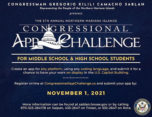 Kilili_Sablan's tweet photo. Young coders, you can register for the 2021 Congressional App Challenge. Students can choose to work in teams of up to 4 &amp; participate by creating an app for web, PC, tablet, mobile, or other platform of their choice. 

Learn more:
https://t.co/0aJhCG2OUC https://t.co/wwENEzo0fg