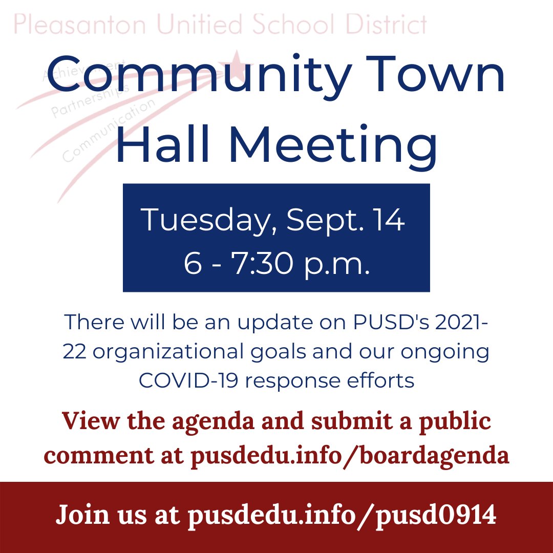 PleasantonUSD's tweet photo. Please join us on Tuesday, Sept. 14 from 6 to 7:30 p.m. for our first Community Town Hall meeting of the school year! To view the full agenda and submit a public comment, visit https://t.co/5PDQSeZwOU. Join us virtually at https://t.co/FDtRizSgMv! https://t.co/naI0Gn2wt3