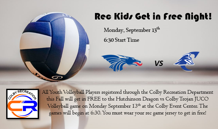 All of our registered Volleyball players through the Rec Department will get in free to tonight's JUCO volleyball game! The matches begin at 6:30 and take place at the new Colby Event Center. All girls must be wearing their gameday rec uniform to get in!