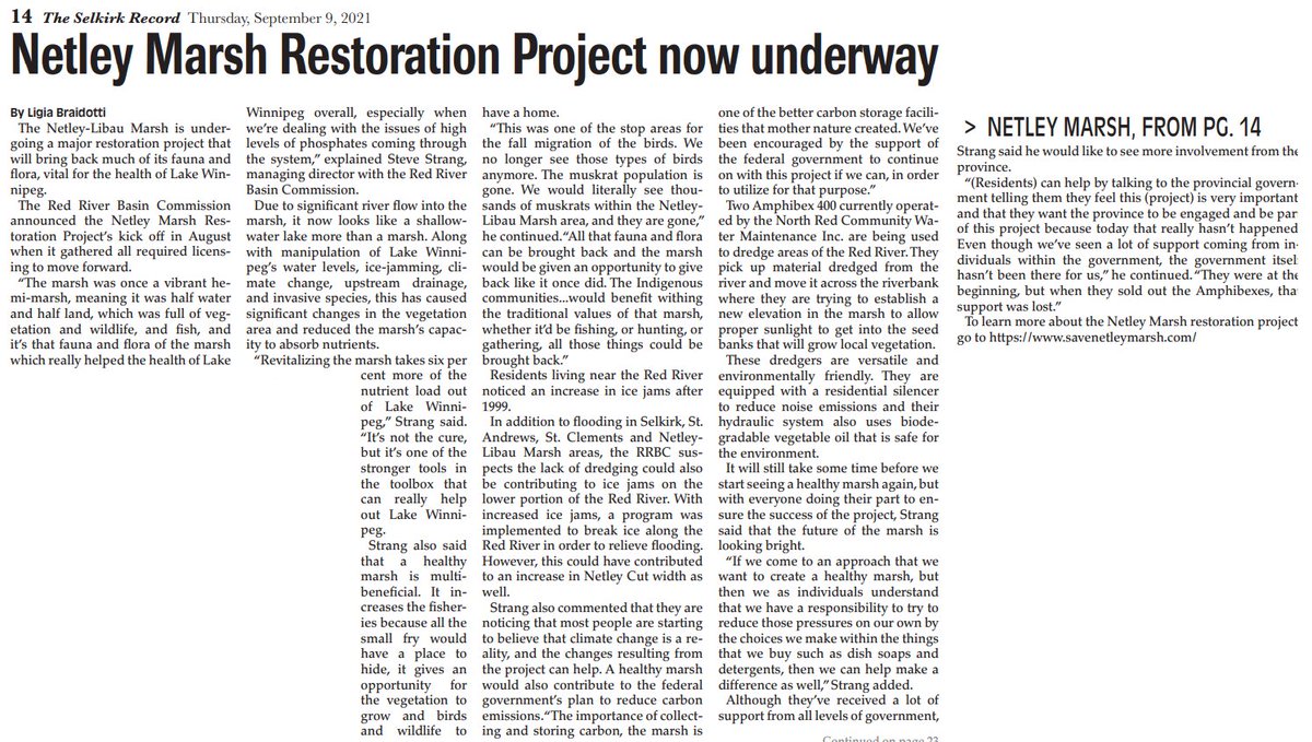 RedRiverBasin's tweet photo. Thanks to the @selkirkrecord for writing a great update article on our Netley Marsh Pilot Project. Click on the link or the photo below to read it! #savenetleymarsh
https://t.co/bV3S57z1Qa https://t.co/urJ346fy33