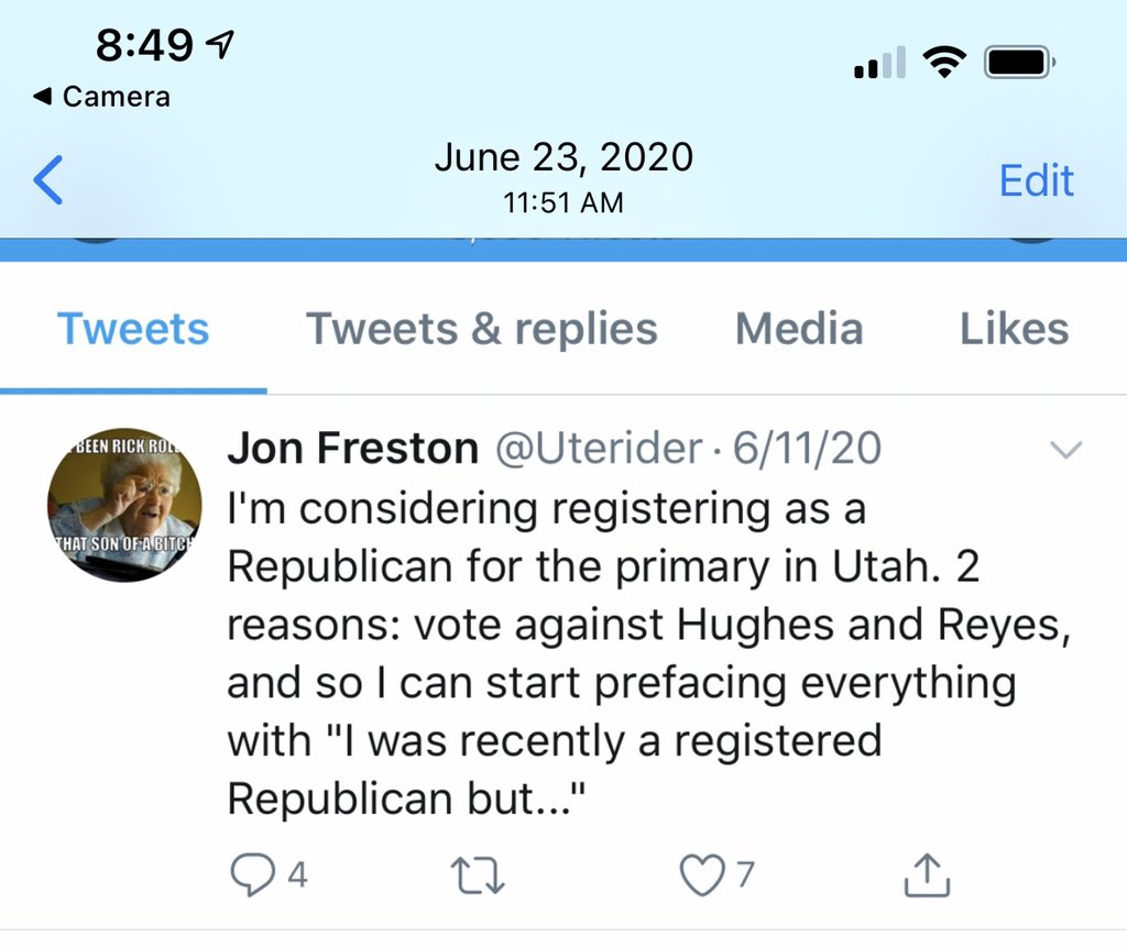 takebackameric9's tweet photo. @KSLcom This will compromise the intergrity of elections- tweets during UT Gov election - people changed parties. Est 12k changed voting party to put in the weak candidate. See attached screen shots @JonHuntsman @SenMikeLee https://t.co/VWRNHxe1tm