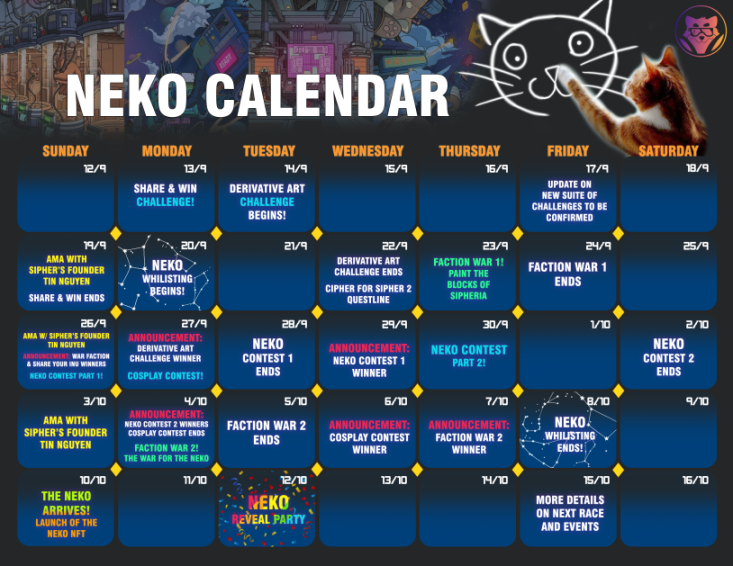 playSIPHER's tweet photo. 2⃣PREPARE FOR THE NEKO!
Introducing all the upcoming events leading up to the #NEKO Launch on Discord! Everything is set in stone and ready to kickoff so get ready, be there &amp; have fun! 

LFG.

For more details please read our full Announcement here: https://t.co/HWob8A9wMa
2/2 https://t.co/Be1gVweLsJ
