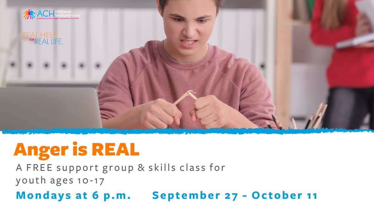 RealHelpRealLif's tweet photo. Feelings of anger can cast a dark shadow on everything. Our upcoming class and support group Anger is REAL can help youth ages 10-17 break free from these constricting feelings and learn to process anger in a healthy way.
Register at this link today https://t.co/FQrsGdXjzG https://t.co/abmCEG3ac8