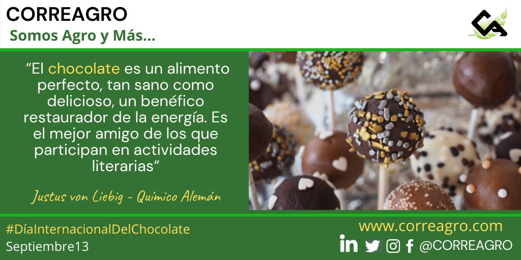Correagro's tweet photo. #DiaInternacionalDelChocolate
“El chocolate es un alimento perfecto, tan sano como delicioso, un benéfico restaurador de la energía. Es el mejor amigo de los que participan en actividades literarias“ Justus von Liebig - Químico Alemán
@fedecacao
#DelCacaoAlChocolate https://t.co/pBpBL53kN3