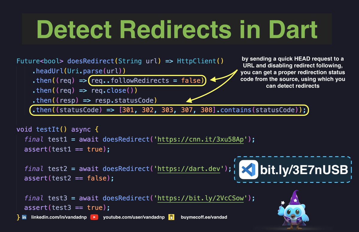 vandadnp's tweet image. Did you know that you can use the #HttpClient #class in #Dart to detect if a URL wants to #redirect to another location or not? All of this just with a #HEAD request, as opposed to #GET, so you're not even downloading the content! 🤩
#tipoftheday #flutter