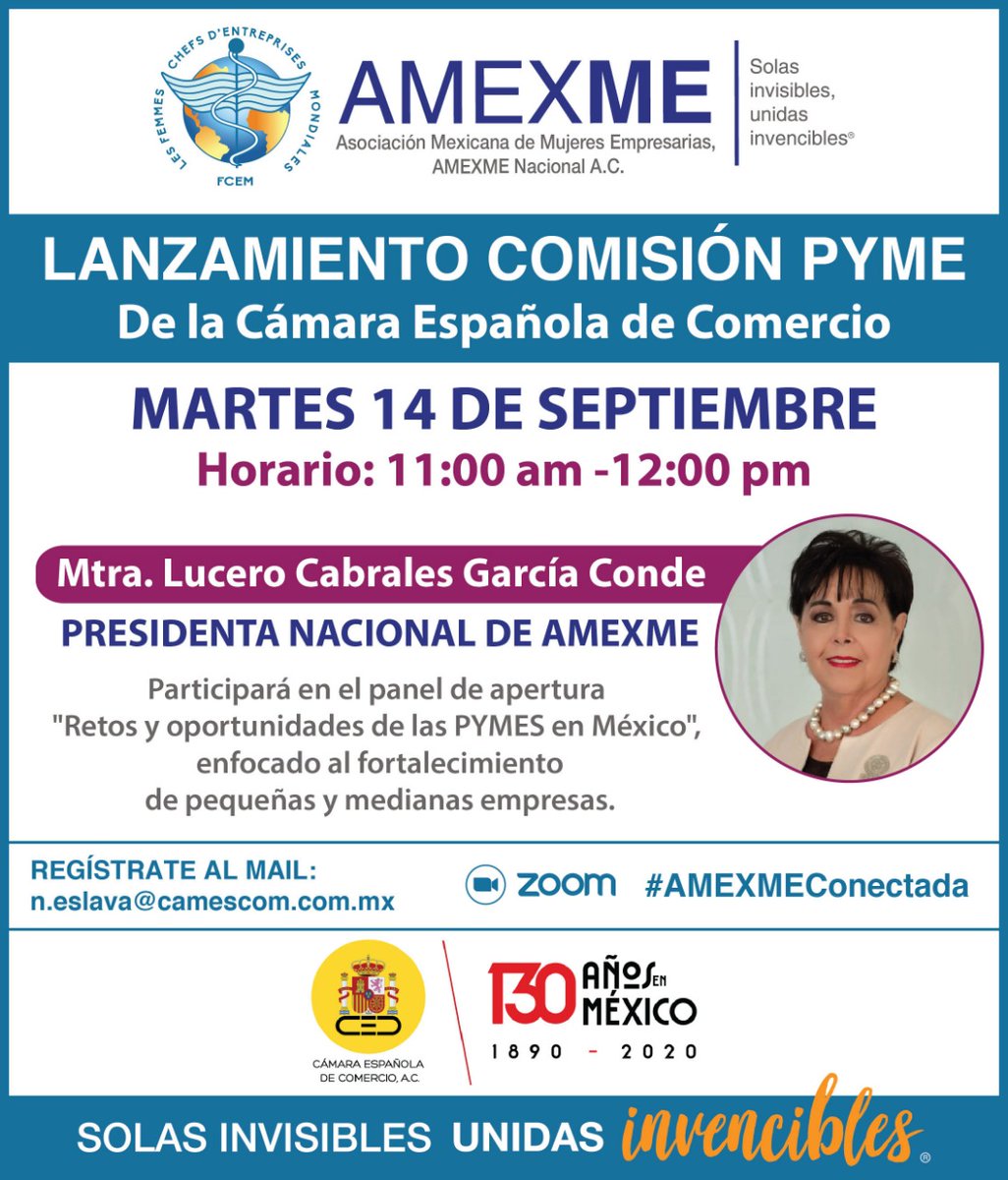 amexme's tweet photo. 📅Acompaña este 14 de septiembre de 11am a 12pm a nuestra Presidenta Nacional, @LuceroCabrales en el panel de apertura "RETOS Y OPORTUNIDADES DE LAS PYMES EN MÉXICO"donde se hablará de las actividades enfocadas al fortalecimiento de pequeñas y medianas empresas.
#AMEXMECONECTADA https://t.co/jzappJupc3