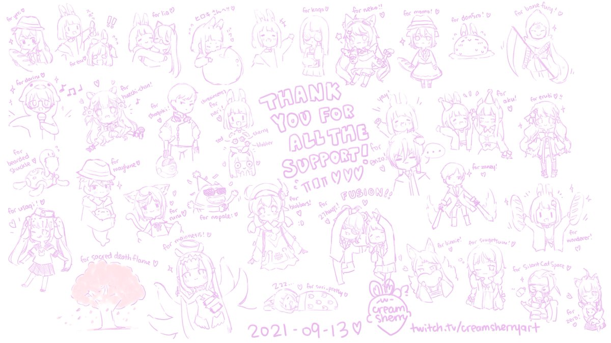 thank-you doodles from today's stream! thank you so much for all the support, subs, and donations!!!! I hope you enjoy your doodles!!!😭💖💖💖
たくさんのサブスクと応援ありがとうございます!!!今日の配信で皆さんのために描いた落書きです!!!💖💖💖
#creamstream 