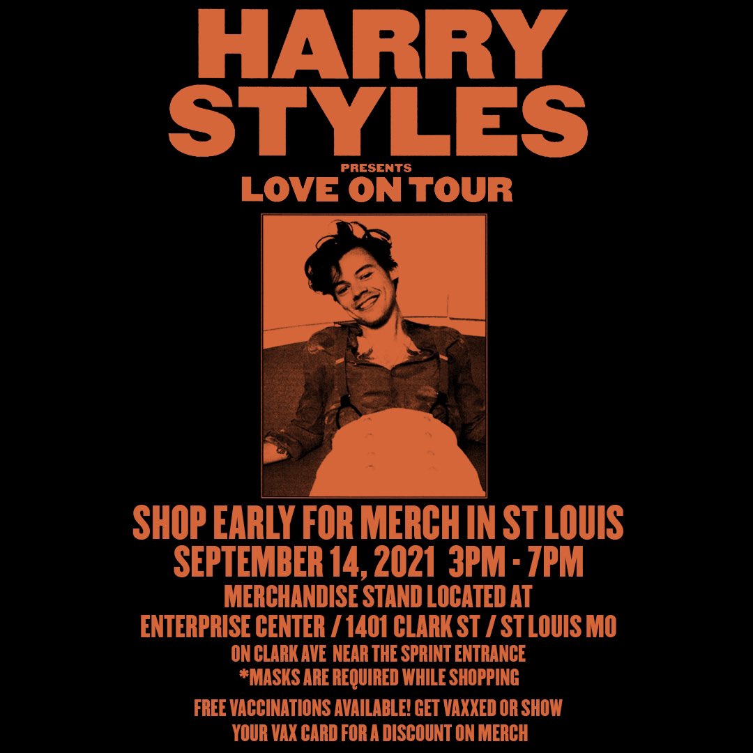 HSHQ's tweet image. LOVE ON TOUR. SHOP MERCH EARLY.
Tomorrow, 9/14, at Enterprise Center.
Masks are required while shopping.
 
COVID-19 vaccinations available on-site. Schedule your appointment now with @CVSPharmacy: smarturl.it/LOT-CVS-StLouis (Please bring your ID and if applicable, insurance card)