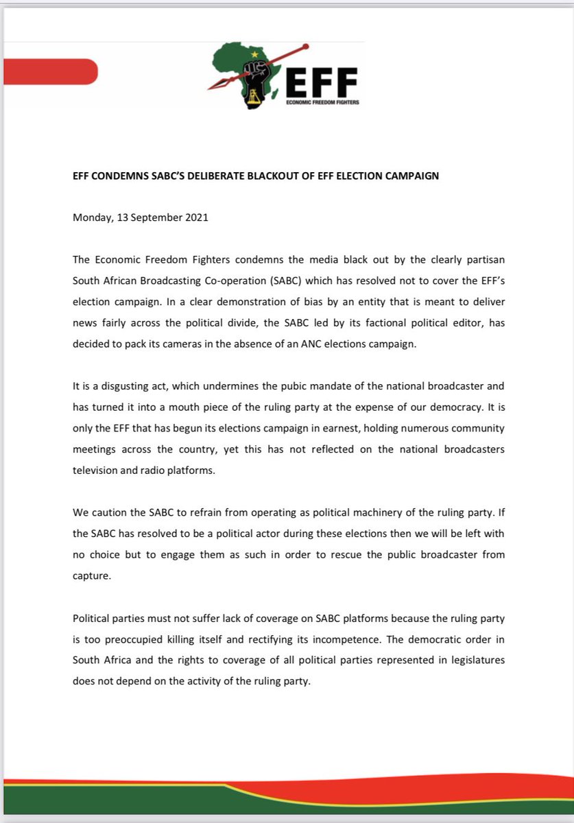 EFFSouthAfrica's tweet photo. MEDIA STATEMENT

THE EFF CONDEMNS SABC’s DELIBERATE BLACKOUT OF EFF ELECTIONS CAMPAIGN 

There is no rationale in its excuse that allocation is what restricted coverage of the EFF elections campaign because there was no other political party that was engaged in electoral activity https://t.co/zoDhIqP29T
