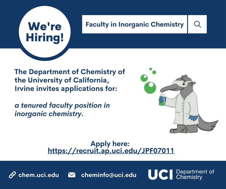 UCI Chemistry (@ucichemistry) on Twitter photo Come join us <a href="/UCIrvine/">UC Irvine</a> in the School of <a href="/UCIPhysSci/">UC Irvine School of Physical Sciences</a>. We are hiring for a tenured faculty position in Inorganic Chemistry. Join our continuously growing and evolving department. More info here: recruit.ap.uci.edu/JPF07011
RT please! #chemjobs <a href="/Chemjobber/">Chemjobber</a> Come join us <a href="/UCIrvine/">UC Irvine</a> in the School of <a href="/UCIPhysSci/">UC Irvine School of Physical Sciences</a>. We are hiring for a tenured faculty position in Inorganic Chemistry. Join our continuously growing and evolving department. More info here: recruit.ap.uci.edu/JPF07011
RT please! #chemjobs <a href="/Chemjobber/">Chemjobber</a>
