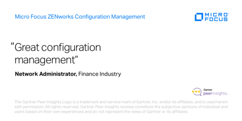 Network Administrator in the Finance Industry gives <a href="/MicroFocus/">Micro Focus</a> ZENworks Configuration Management ★★★★★ on <a href="/Gartner_PI/">POC</a> #CMT. Read the full review... #CustomerSuccess gtnr.it/3tCYQ0H #MyCompany