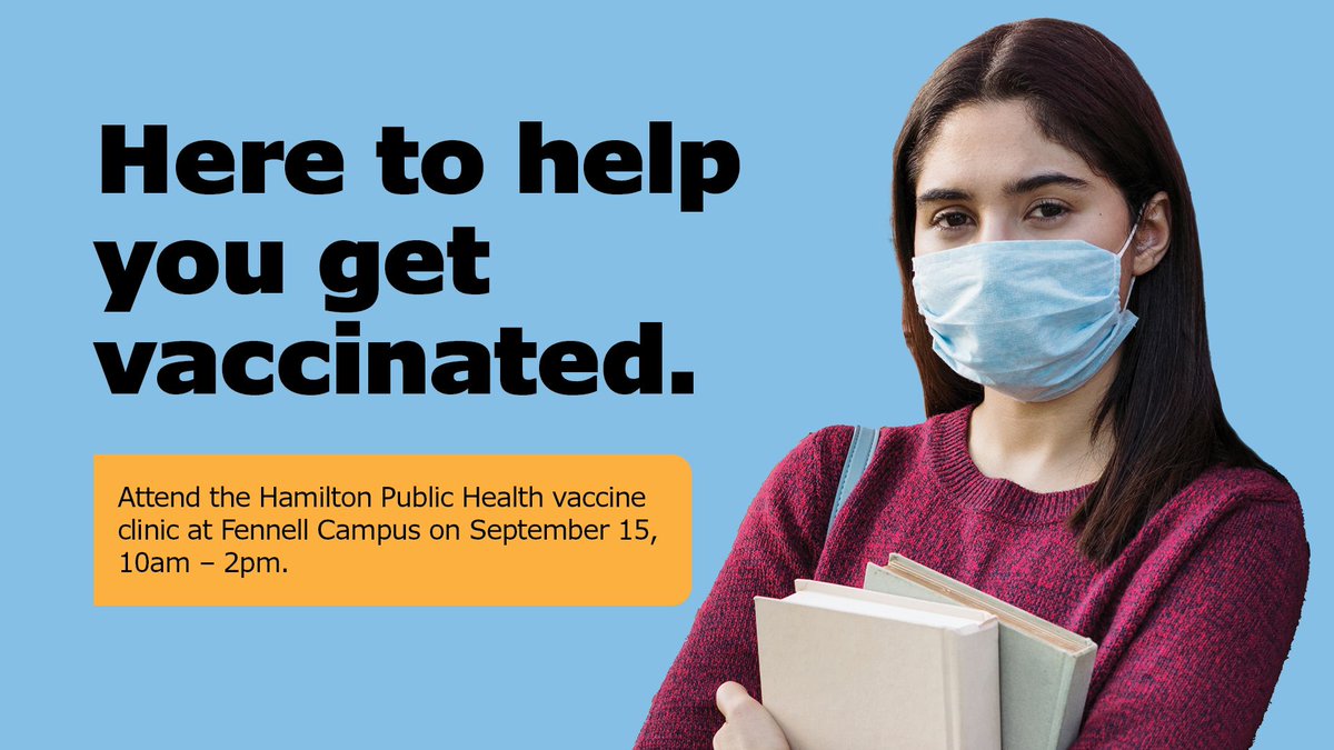 Here to help you get vaccinated. 

Hamilton Public Health will be offering a pop-up vaccine clinic at The Arnie at Fennell Campus on September 15 from 10am to 2 pm for Mohawk staff, students and their families. No appointment is needed!
Learn more: buff.ly/3gUniWz