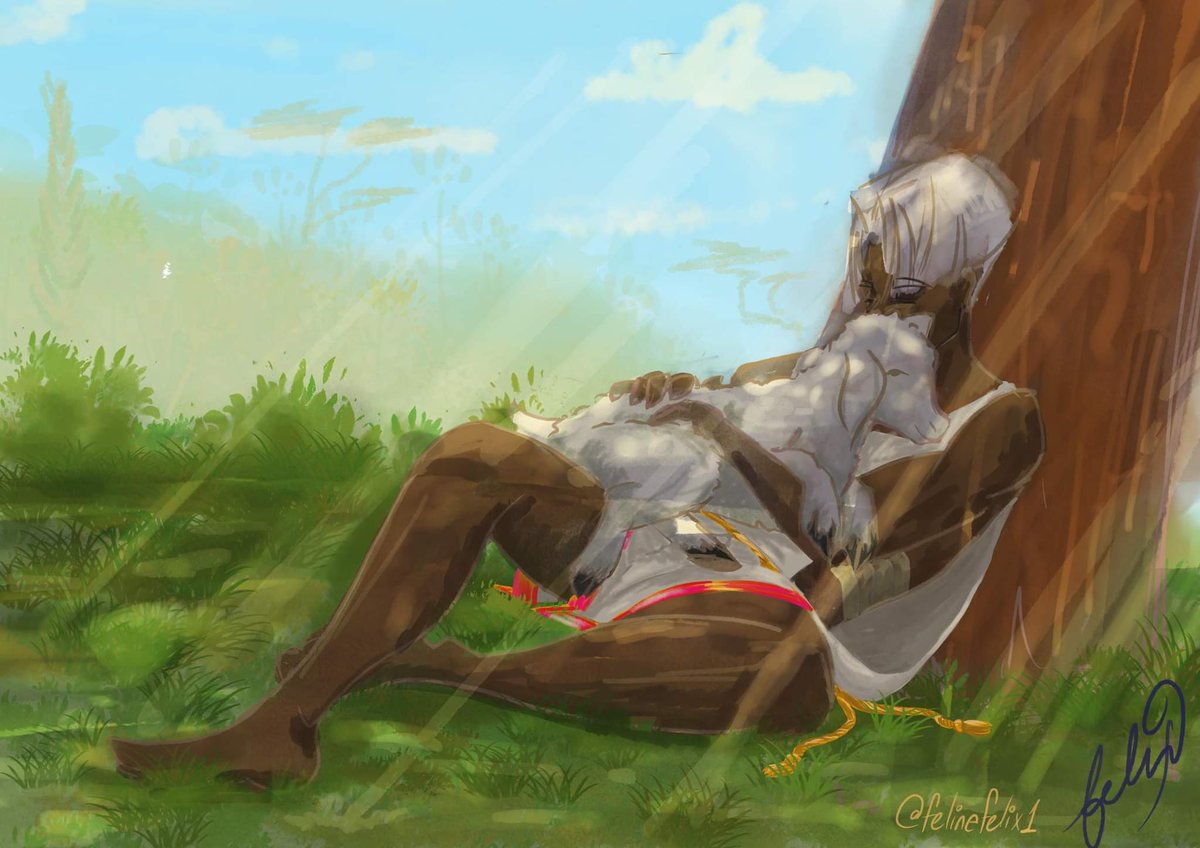 felinefelix1's tweet photo. There’s so much sun. The grass is so green and distant, distant—

“Are those sheep?” Hypnos asks, delighted.

“Yes,” Thanatos says. “They're friendly.”
#HadesGame #HadesFanart https://t.co/QzXmRHnVI4