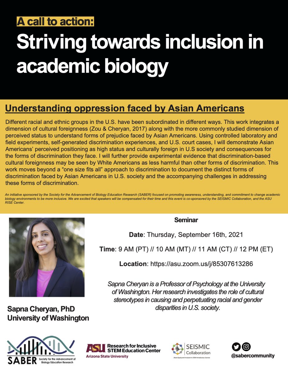 Join us on Thursday for our first SABER Striving for inclusion in academic biology seminar of year! @scheryan1 will talk about oppression faced by Asian Americans.  Free, no registration required, all welcome! Please retweet!