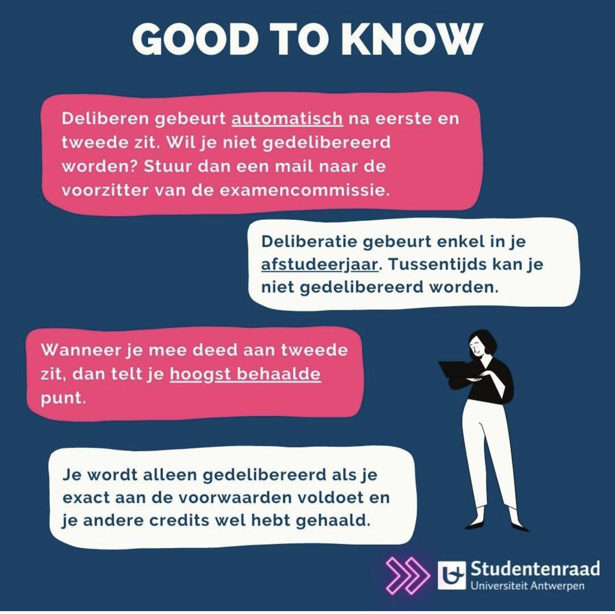 StuRaUA's tweet photo. Herexamens out, academiejaar in. 
Wist jij dat je bepaalde vakken kan laten delibereren? 
Check het hier👇
#hoezitdat https://t.co/m6JLYwe7vo
