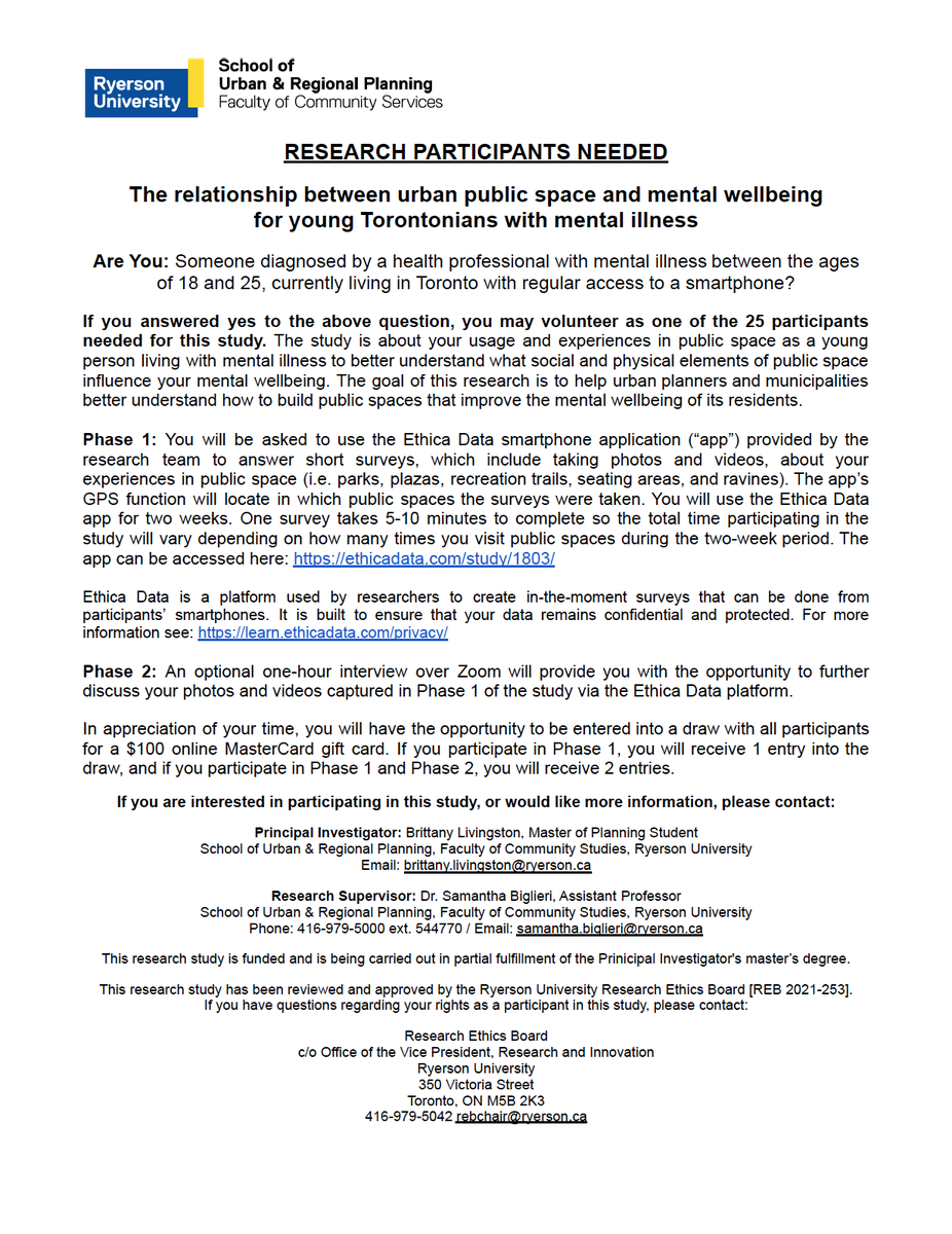 charlesincities's tweet photo. An important research study at X University (formerly Ryerson) @RYSURP on “The relationship between urban public space and mental wellbeing for young Torontonians with mental illness" is looking for participants. See eligibility details and participation information below: https://t.co/NFSs32v6yu