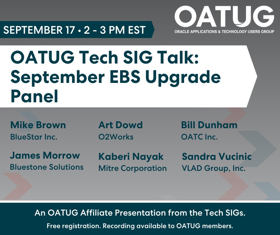OATUG1's tweet photo. #OracleEBS upgrade questions? There's still time to submit them to our expert panel before this Friday's online Q&A session.
Fri, Sept 17, 2pm ET
To register and submit your questions:
https://t.co/n0FTAvgVoB
#Oracle #EBSupgrade https://t.co/gPmd236eYh