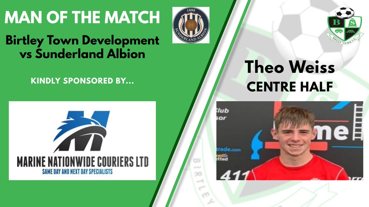 BirtleyTFCDev's tweet photo. MAN OF THE MATCH |

Congratulations to @Theo_W7 who was awarded man of the match for his solid display at the weekend. 

Our man of the match sponsor for this season is Marine Nationwide couriers, check them out for all your delivery needs. 

#upthehoops 🟢⚪️ https://t.co/x7gXOZG14U