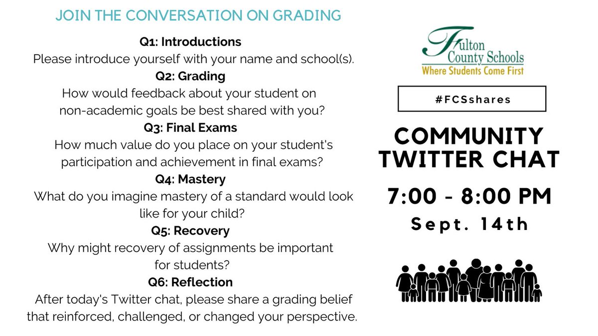 Looking forward to hearing you share your thoughts on grading. The questions below will be asked for feedback tomorrow night.
JOIN THE CONVERSATION ON 9/14 from 7:00 - 8:00 PM. #FCSshares