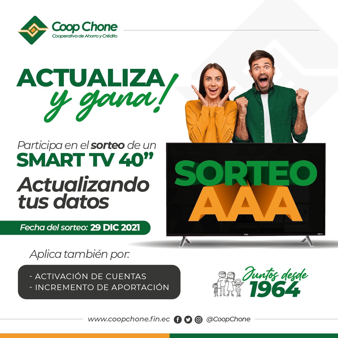 CoopChone's tweet photo. 🥳 ¡𝗔𝗖𝗧𝗨𝗔𝗟𝗜𝗭𝗔 𝗬 𝗚𝗔𝗡𝗔! 🎉 Actualizando tus datos participas automáticamente del sorteo de un Smart TV 🖥🤩 Participan las cuentas de:
✅ Ahorro Efectivo
✅ Ahorro Juvenil
✅ Ahorro KIDS

#Actualización #Sorteos #CoopChone https://t.co/buGyENl256