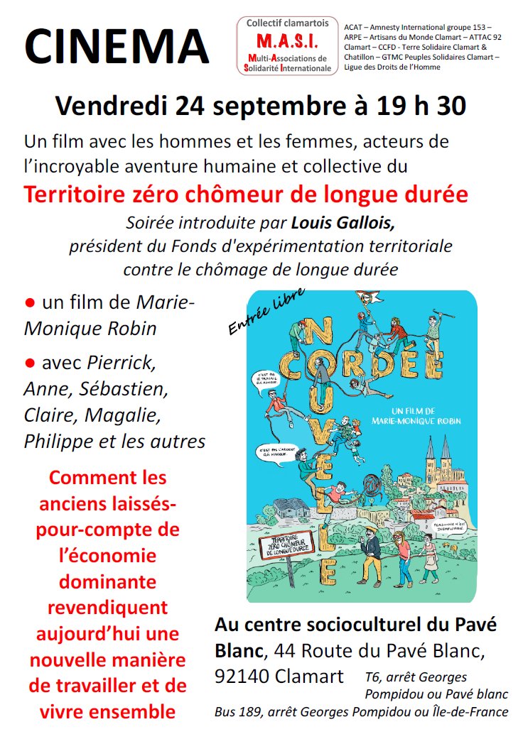 clamartcitoy's tweet photo. CINEMA
Vendredi 24 septembre à 19 h 30
Centre socioculturel du Pavé Blanc #Clamart
"Nouvelle cordée"
Un film de Marie-Monique Robin
Soirée introduite par Louis Gallois
#MASI https://t.co/yH6RxRU0bH