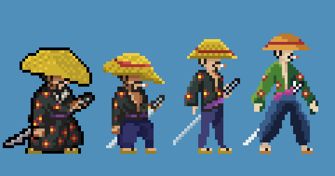 ApologueGame's tweet photo. The year long evolution of our protagonist. #apologue #pixelart #indiedev #gamedev #aseprite #2d #sidescroller #samurai #japan #madewithunity https://t.co/2pTmyWhgWe