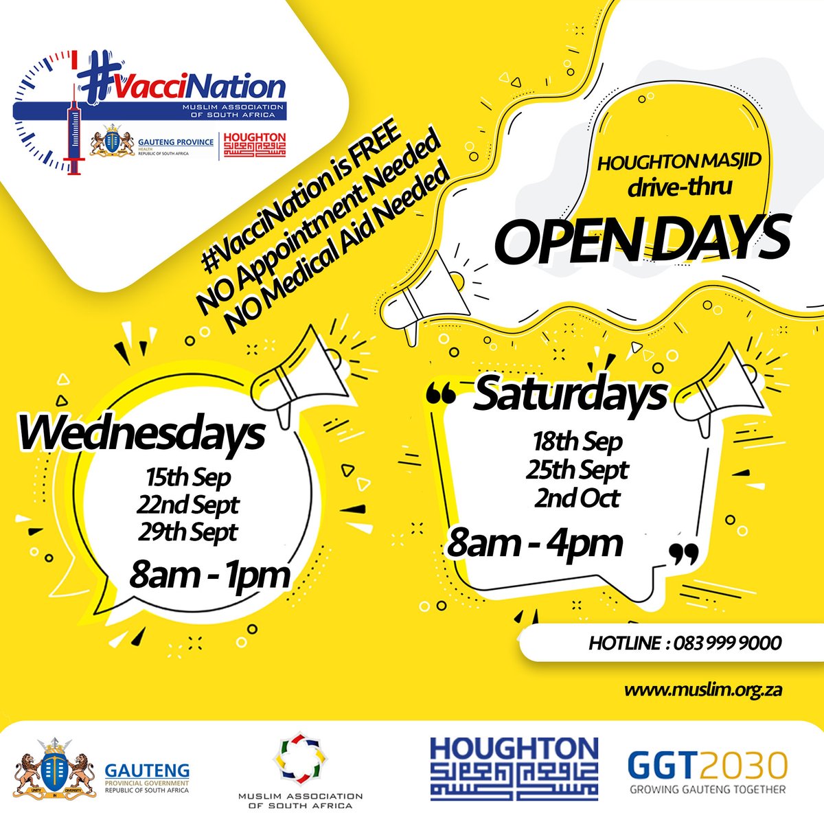 MuslimAssocSA's tweet photo. If you are 18+ don’t wait any longer! 

Get to the @HoughtonMasjid on the OPEN DAYS and get vaccinated. You don’t even have to wait for an SMS telling you when and where to go. 
Remember #VacciNation is free to everyone, even if you don’t have medical aid. https://t.co/dFz5Lxgprz
