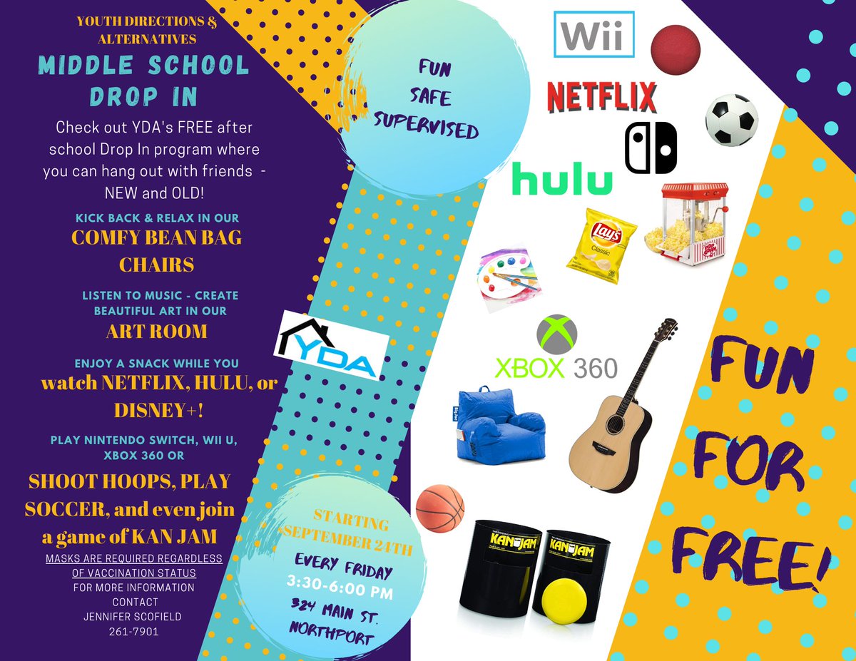 YDA_Outreach's tweet photo. YDA schedule is packed with FALL FUN! Don't miss out - Drop In returns 9/24 @nensuper62 @Elwood_Super @HarborfieldsCSD https://t.co/W2j2brxVM7