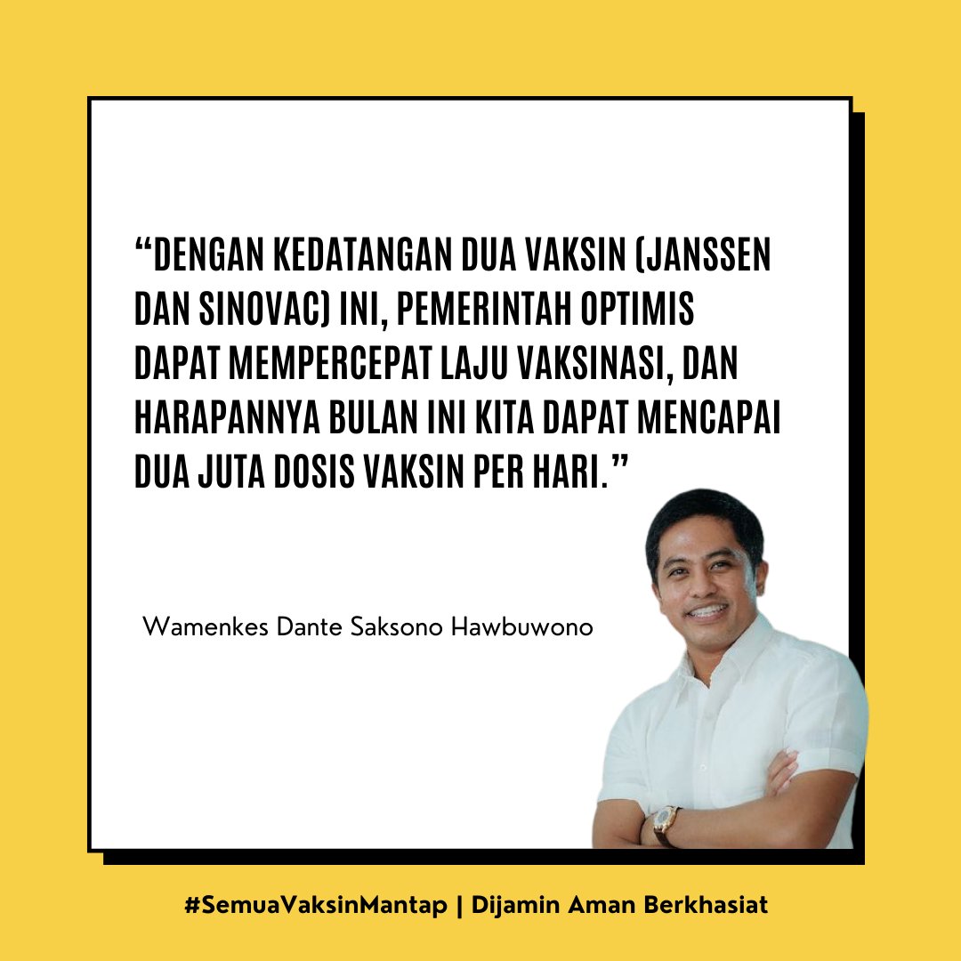 SaveraVane's tweet photo. “Dengan kedatangan dua vaksin (Janssen dan Sinovac) ini, pemerintah optimis dapat mempercepat laju vaksinasi, dan harapannya bulan ini kita dapat mencapai dua juta dosis vaksin per hari.”

Wamenkes Dante Saksono Hawbuwono

#SemuaVaksinMantap
dijamin aman berkhasiat https://t.co/Krvol0ET3w