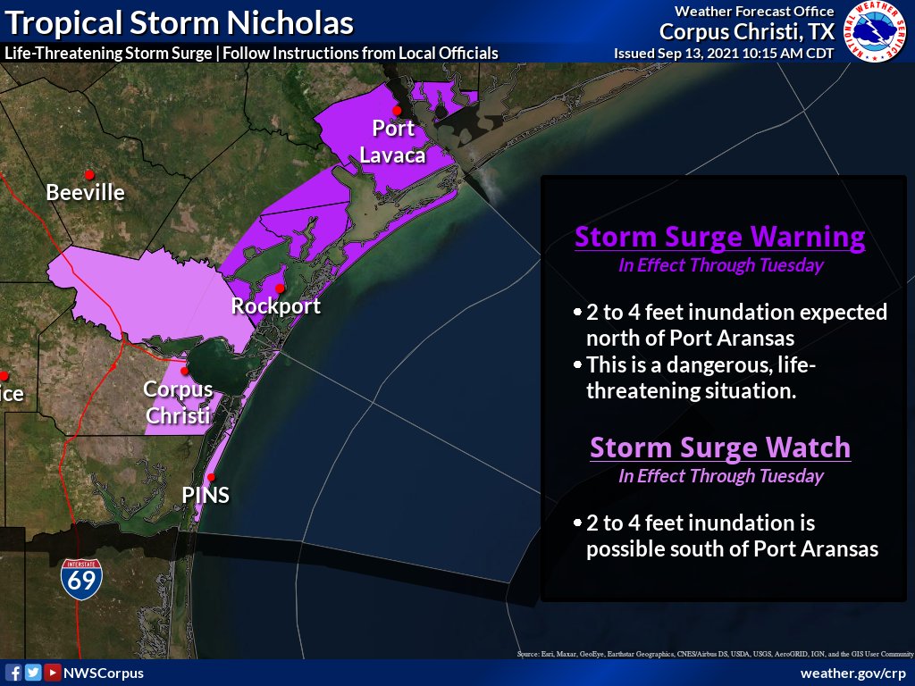 NWSCorpus's tweet photo. 10 AM Tropical Storm #Nicholas Update: Max sustained winds of 60 mph continues, while moving N @ 12 mph. Watches and Warnings remain in effect for portions of S TX. Jim Wells &amp; Live Oak have been removed from the Tropical Storm Warning. Kleberg County removed from Storm Surge. https://t.co/Mva8JeBNRo