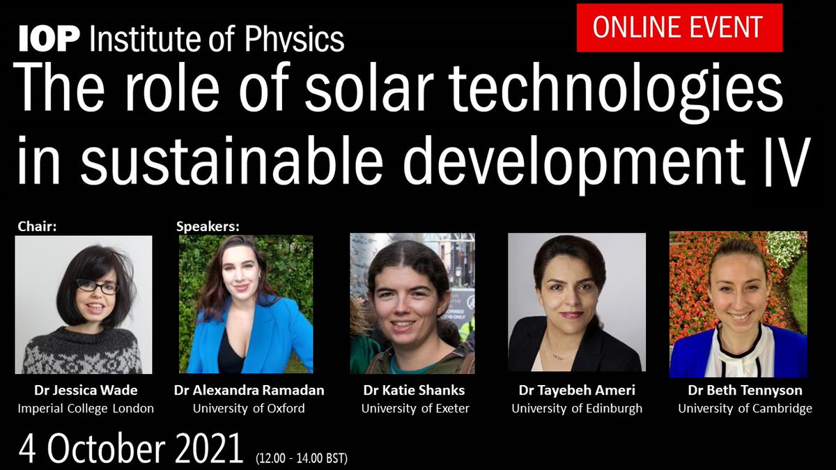 📢Dr <a href="/jesswade/">Dr Jess Wade liked it here once</a> chairing another webinar on The Role of Solar Technologies in Sustainable Development IV!
👩‍💻Talks focused on printed PV, perovskites, solar integration + solar in the developing world.

4th Oct 2021, 12.00-14.00 BST
Register by 1st Oct: tinyurl.com/IOPsolar