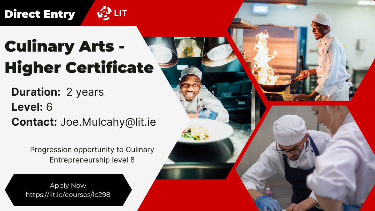 Fancy running your own restaurant/food business? Culinary Arts level 6 with progression route to level 8 Culinary Entrepreneurship now open for applications <a href="/LimerickIT/">gatesletter</a> @LITFLLimerick <a href="/foodtourismlit/">TUS Food & Tourism</a> <a href="/EithneGavigan/">Eithne Gavigan</a> <a href="/LouiseHedd/">Louise Hedderman</a> <a href="/jimmomeara/">Jim O' Meara</a> <a href="/RAI_ie/">Restaurants Association of Ireland</a> <a href="/IHFcomms/">Irish Hotels Federation</a> <a href="/lauramcinerney5/">laura mcinerney</a>