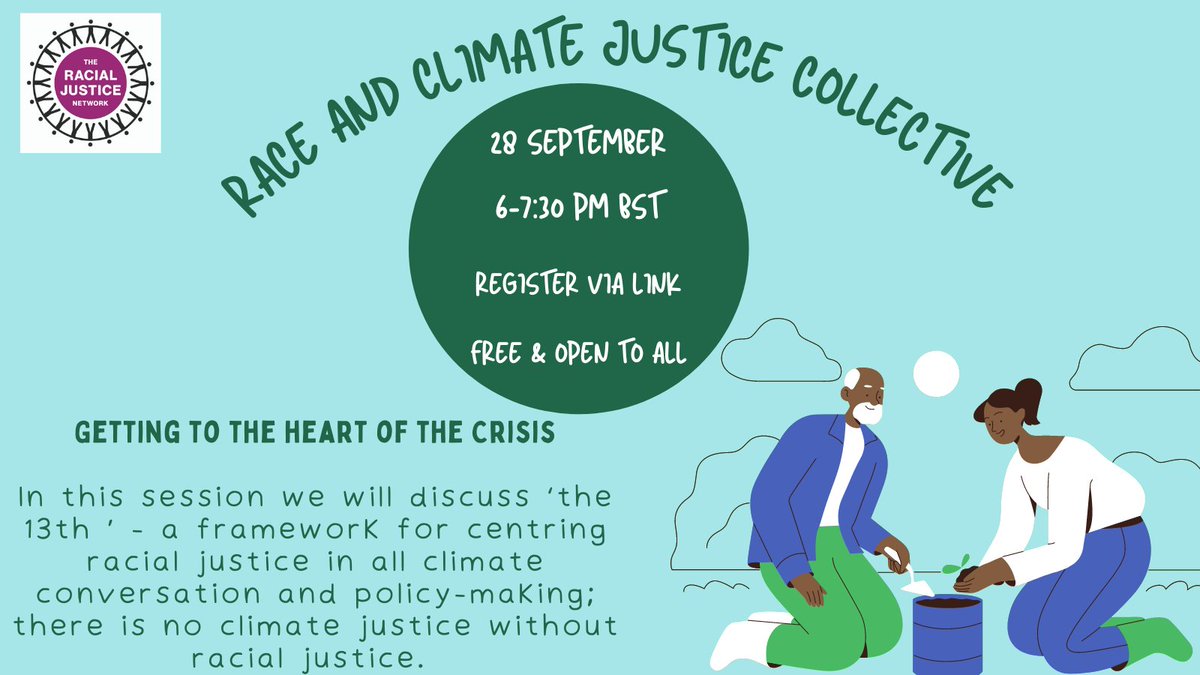 ✨Registration is now open✨ Getting to the heart of the crisis Join us on Sept 28 from 6-7:30pm BTS We will discuss the 13th, a framework to centre racial justice in al climate conversations Register here eventbrite.co.uk/e/race-and-cli… 🌿🪴🍃Race & Climate Justice Collective✊🏿✊🏾✊🏽