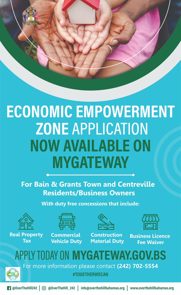 BahamasOver's tweet image. Residents and business owners located in Over-the-Hill can now apply for tax breaks and other economic concessions on MyGateway.gov.bs! The &quot;Over-the-Hill Economic Zone&quot; application is now also located on MyGateway under the &quot;Office of the Prime Minister&quot; service tab.